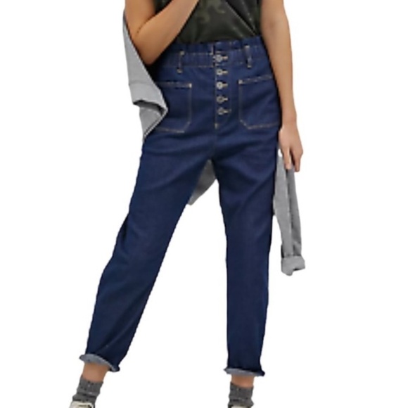 NWT Anthropologie Pilcro Ultra High Rise Paper Bag Button Fly Dark Wash Jeans - Picture 1 of 16